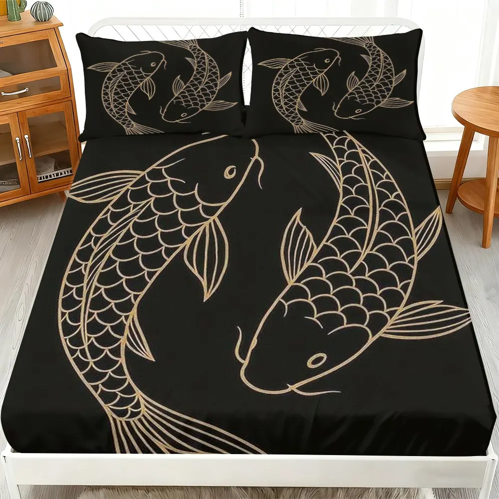 3-Piece Mattress Protector Set, 2D Flat Printed Fitted Sheet, Carp Fish Yin-Yang Design, Three-Piece Zen Theme Fitted Sheet Set, Artistic Bedding for Home Bedroom Decor, Holiday-Themed Fitted Sheet and Pillowcase, Mattress Protector, Stain-Resistant, Mattress Cover, Suitable for All Seasons, Machine Washable, Easy to Care For, Universal for Home Bedroom, Essential for Dormitories and Rentals, Master Bedroom and Guest Room Decoration, Dust-Proof and Stain-Resistant, High Elasticity, Fits Various Sizes
