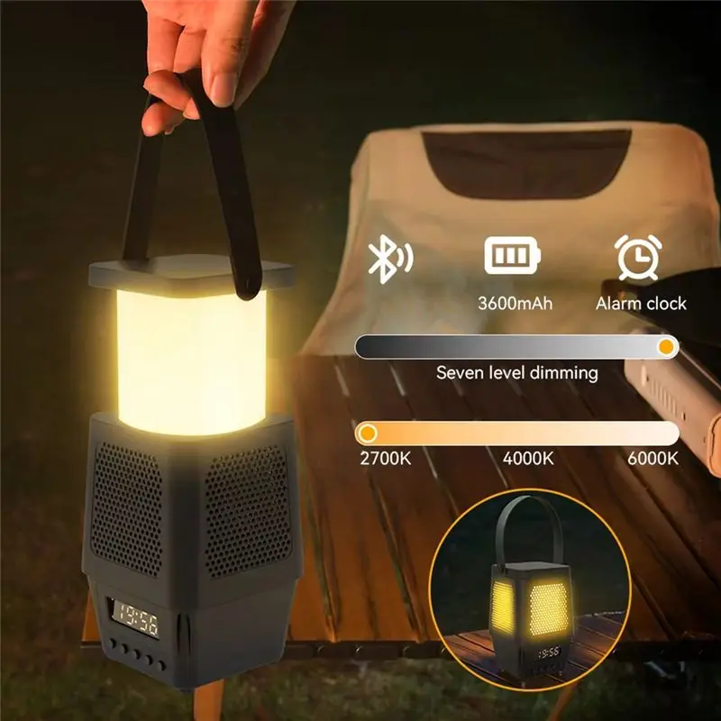 ABJN-Rechargeable Led Lamp With Wireless Bluetooth Speaker And Alarm Clock Portable Camping Lantern For Outdoor For Travel