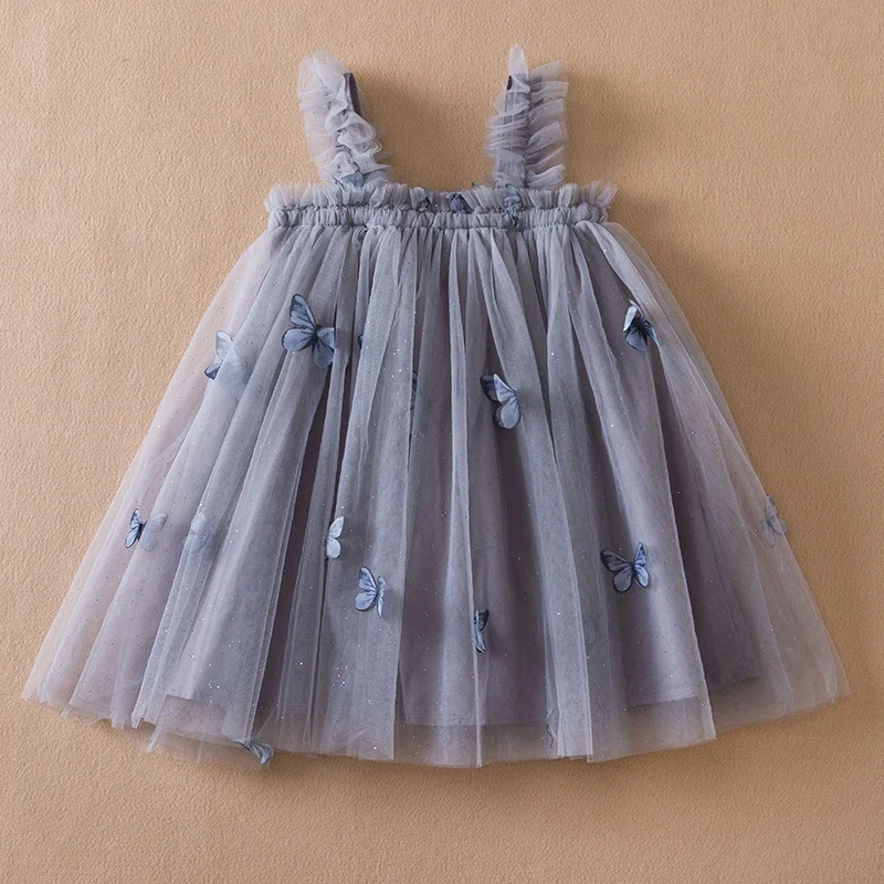 2024 New Summer Baby Girls Dress 3D Butterfly Tulle Tutu Princess Dress Birthday Party Strap Dress for 1-5Y Toddler Kids Clothes