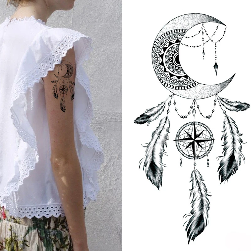 Татуировки-Наклейки-Луна-Тотем-Перо-Стрела-Временная-Татуировка-Рука-Рука-Палец-Грудь-Макияж-Для-Тела-Женщины-Мужчины-Поддельные-Татуировки