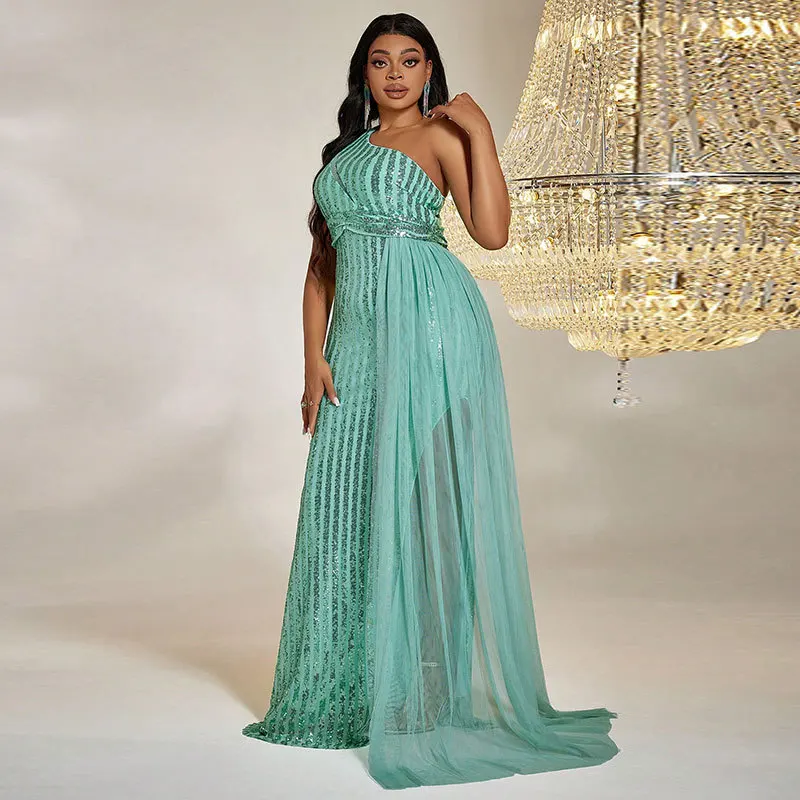 Plus Size Sequin Party Dresses Slash Neck Sleeveless Fashion Banquet Evening Dress Elegant Mesh Splicing Slit Wedding Dresses