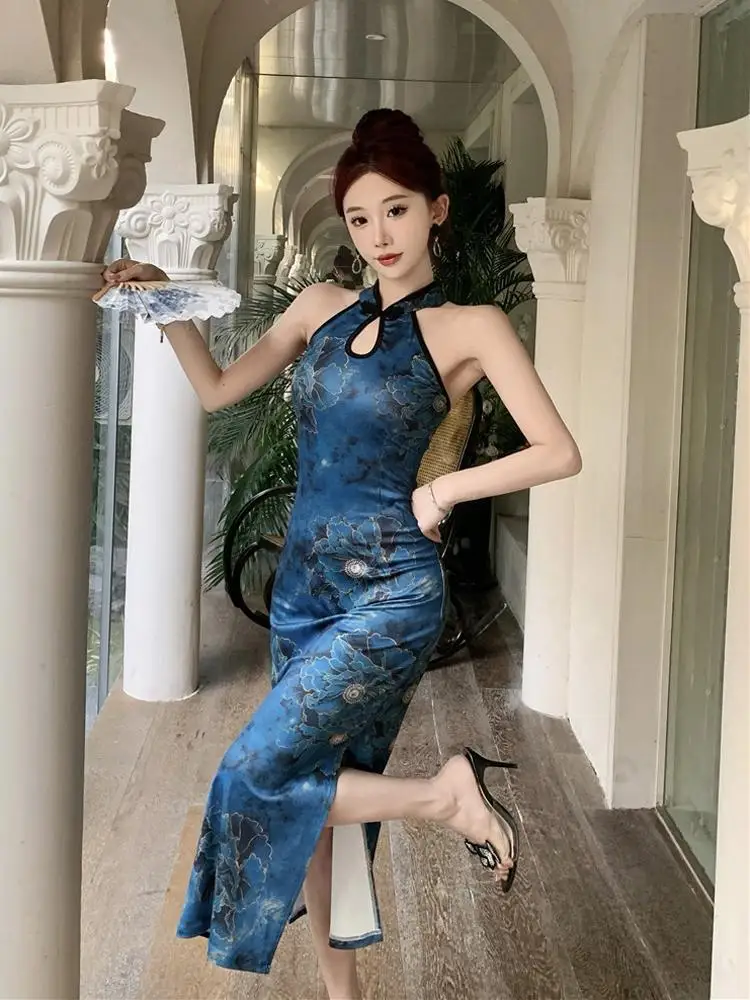 150kg Large Size Women's Qipao Halterneck Sleeveless Chinese Cheongsam Mandarin Collar Side Split Long Party Dress Slim Outfit