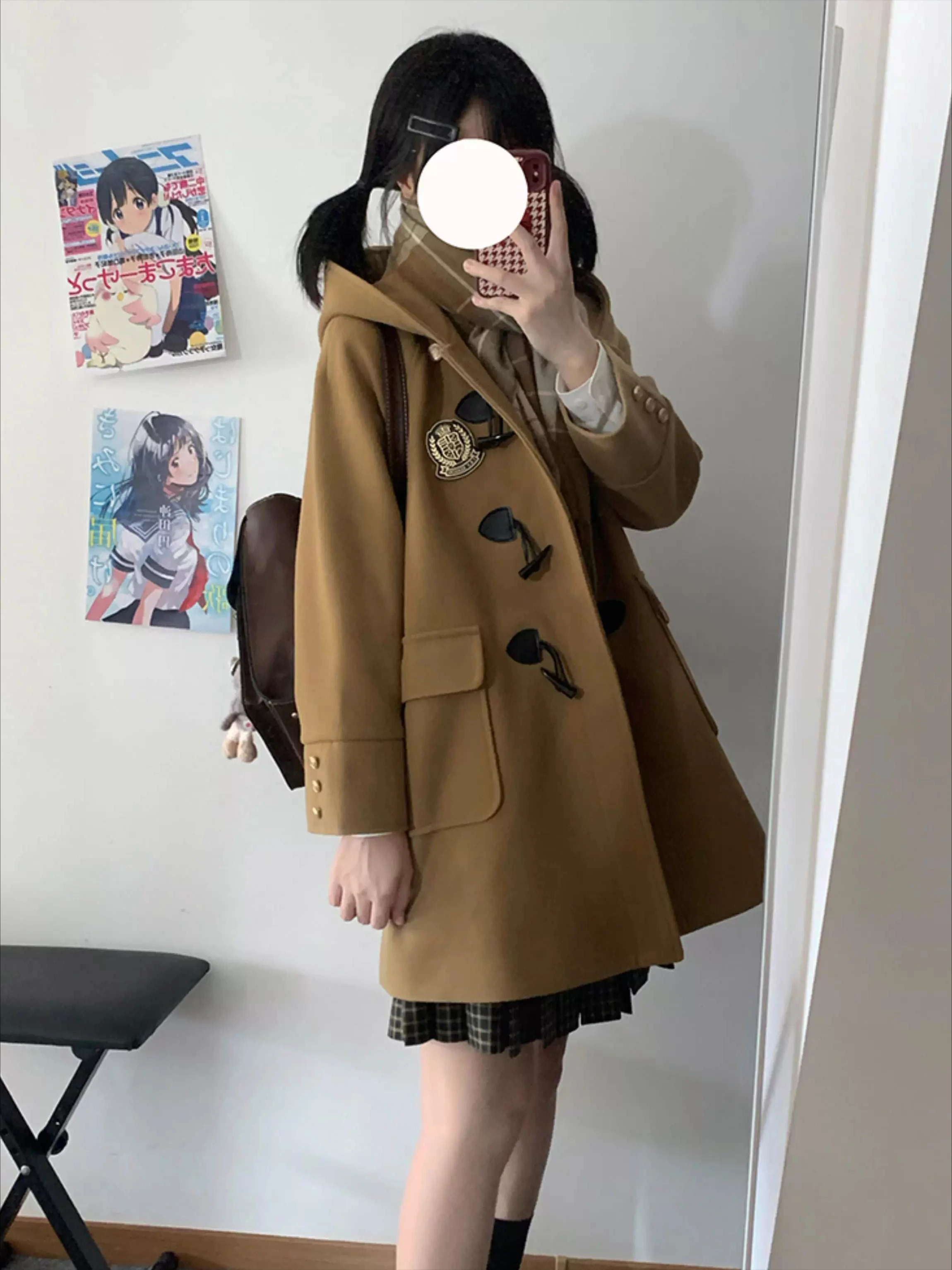 Damski płaszcz wełniany JK w stylu college, zimowy, brązowy płaszcz typu duffle z guzikami z rogu, płaszcze college Laike dla kobiet, nowość 2025