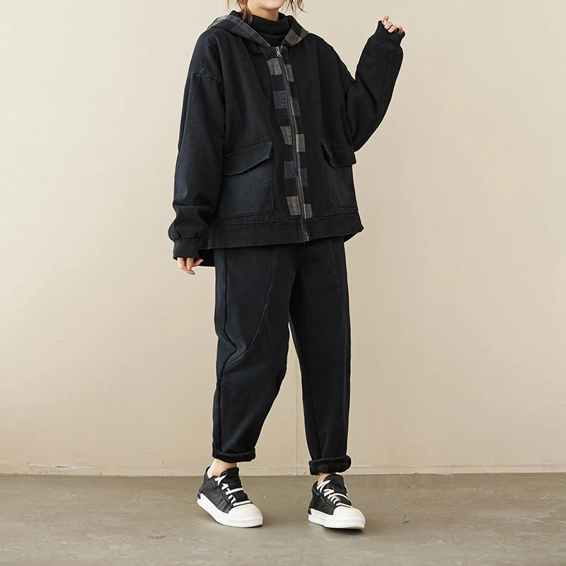Chaqueta vaquera Retro para mujer, abrigo ueso de aodón polar con capucha de manga larga, cálido Otoño Invierno, cierre d...