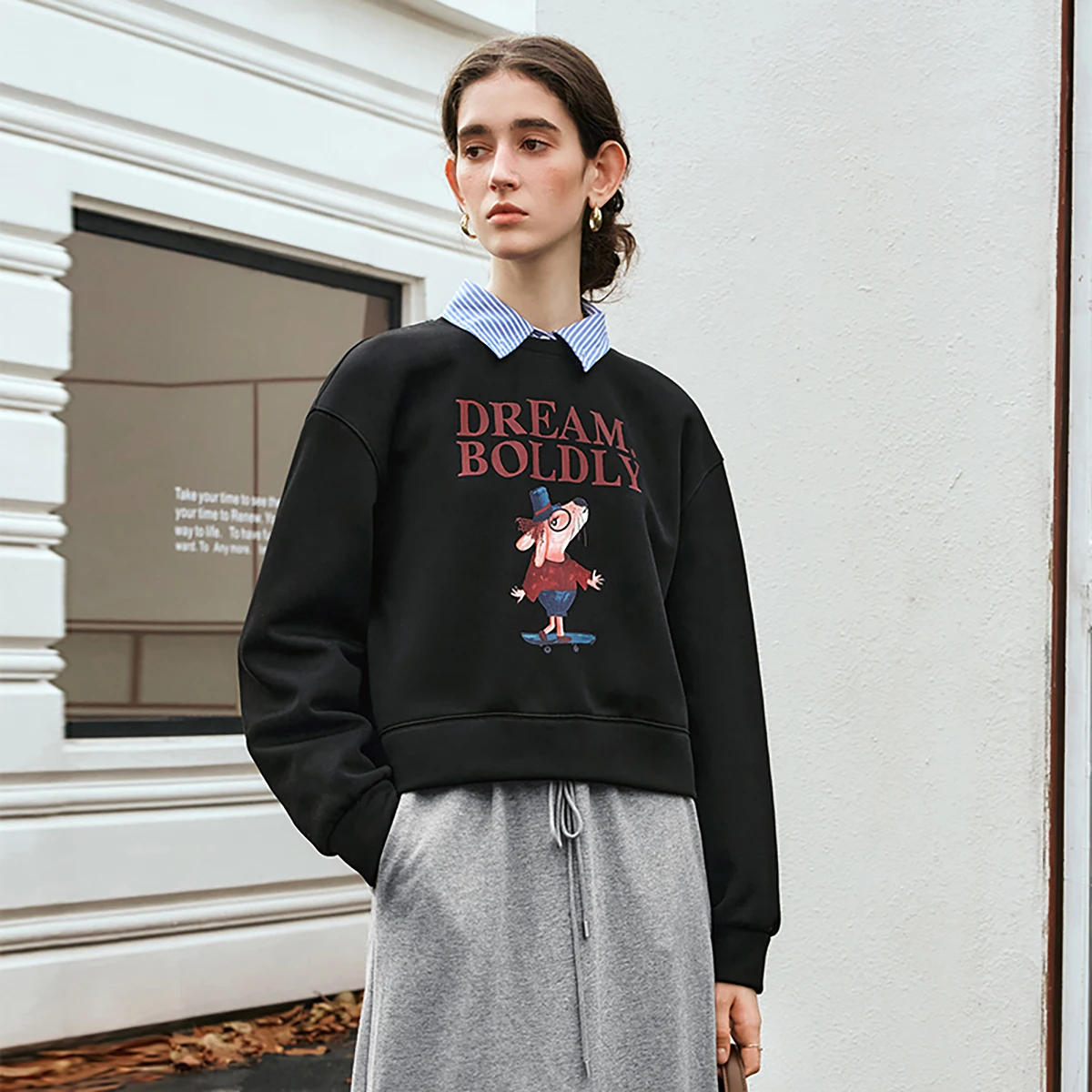 OLrain Cropped Graphic Sweatshirt Women 2025 Autumn American Vintage Long Sleeve Cotton Blend Knit Pullover Top Woman N56QR89002