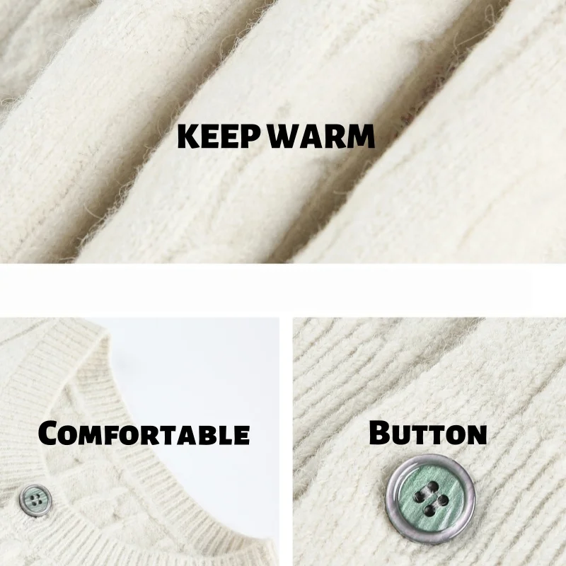 Twisted-Knit Crewneck Cardigan Sweater for Men Autumn/Winter Textured Oversized Soft-Wool Knitwear Outerwear