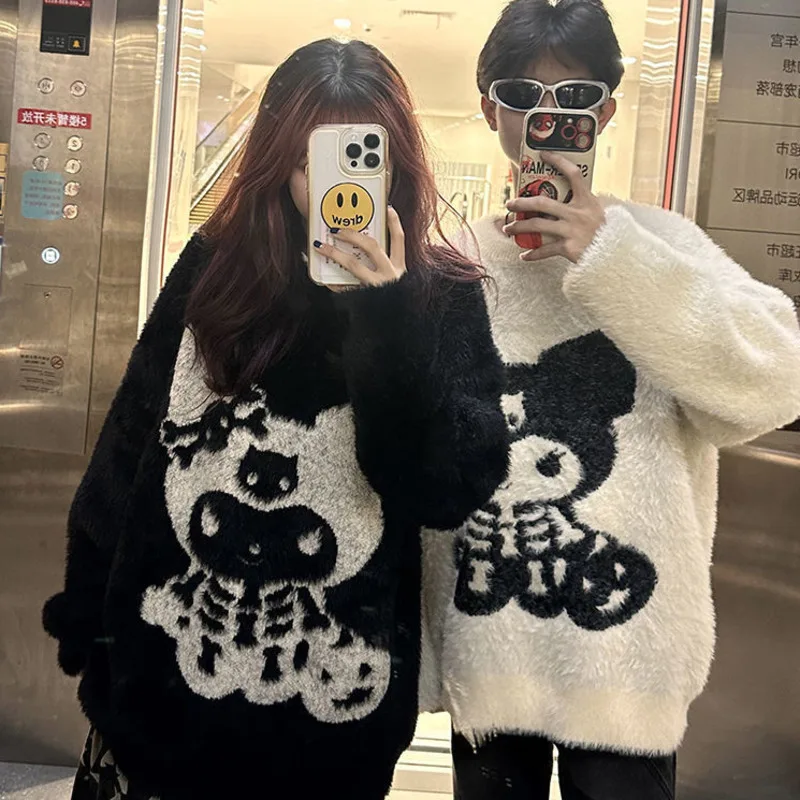 Sanrio Kuromi Sweater Kawaii Cartoon Loose Knitted Pullover Y2k Harajuku High Street Sweatshirt Streetwear Black White Sweaters