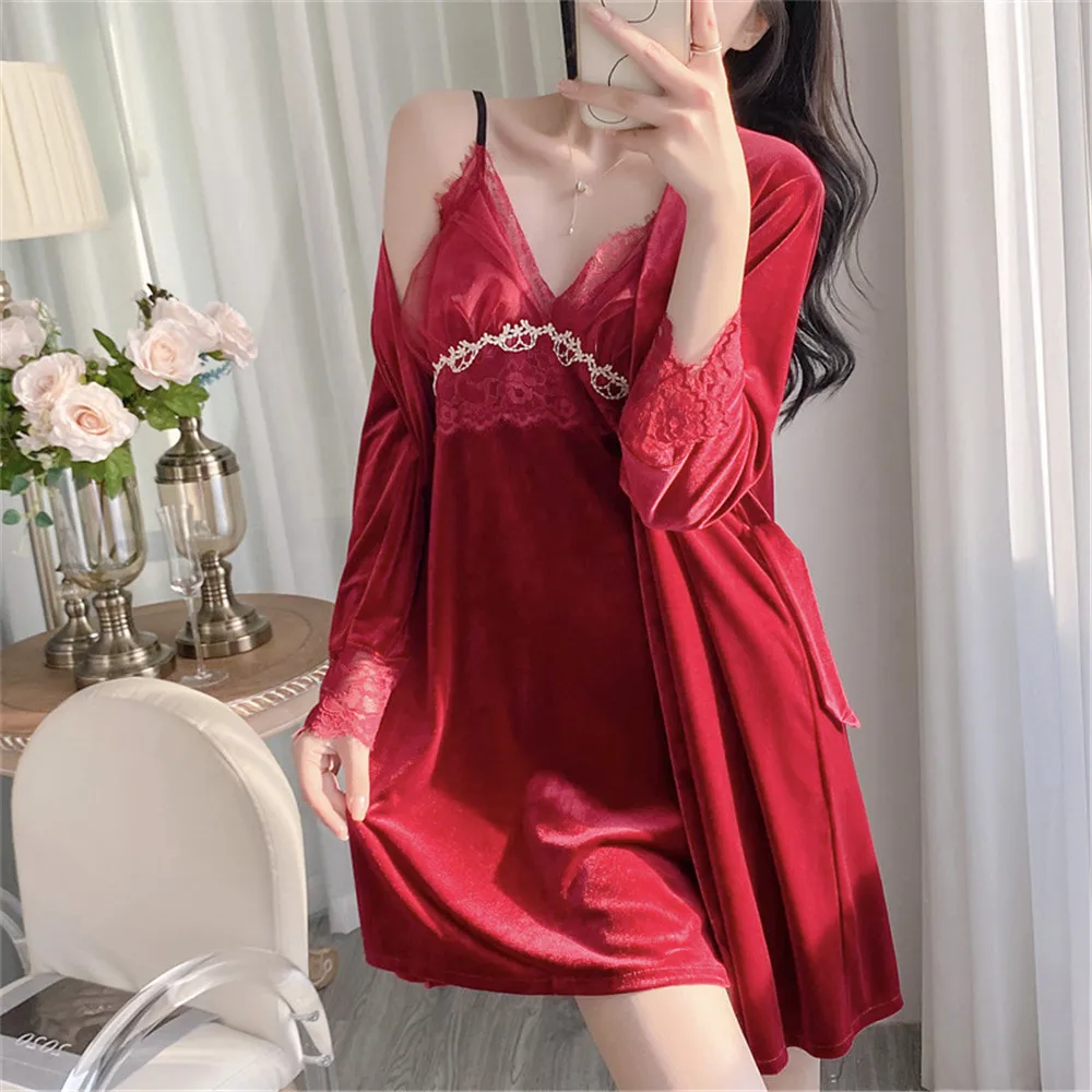 

Kimono Robe Gold Velvet Sleepwear Women Casual 2PCS Sleep Set Long Sleeve Bathrobe Gown Novelty Velour Home Clothing