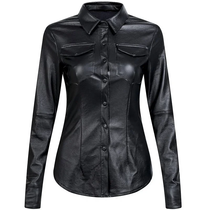 S-3XL Women Faux Leather Shirt Long Sleeve Ladies Plus Velvet Blouses Women Streetwear Motorcycle Leather Shirts Black Tops C367