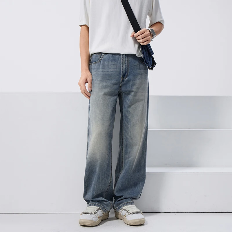 

clanfit straight tube version ultra thin summer and spring pendant hemp denim cat whisker monkey mosaic process