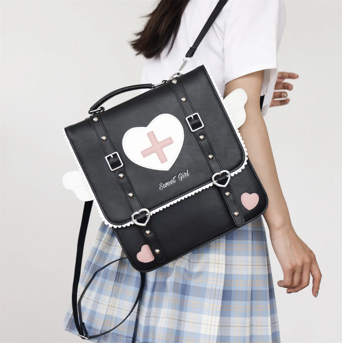 Japanese Sweet Girls Bag Cosplay Preppy Style Jk Uniform Wings Metal Rivet Cross Love Ruffle Backpack Handbag Woman Schoolbag