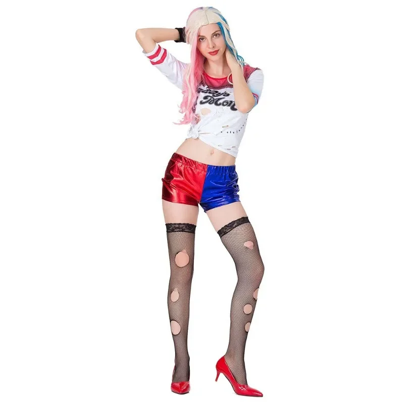 Halloween Costume Clown Cosplay Costume Adult Women Sexy Suit Irregular T-shirt Short Halloween Harleen Quinzel Suicide Cosplay view 4