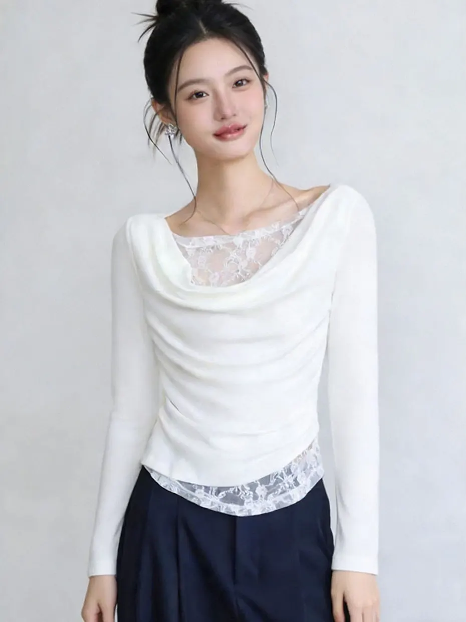 French Style Lace Patchwork Slim Fit Short Sleeveless T-Shirt Women Spring Summer Breathable Casual Top Elegant Atmosphere