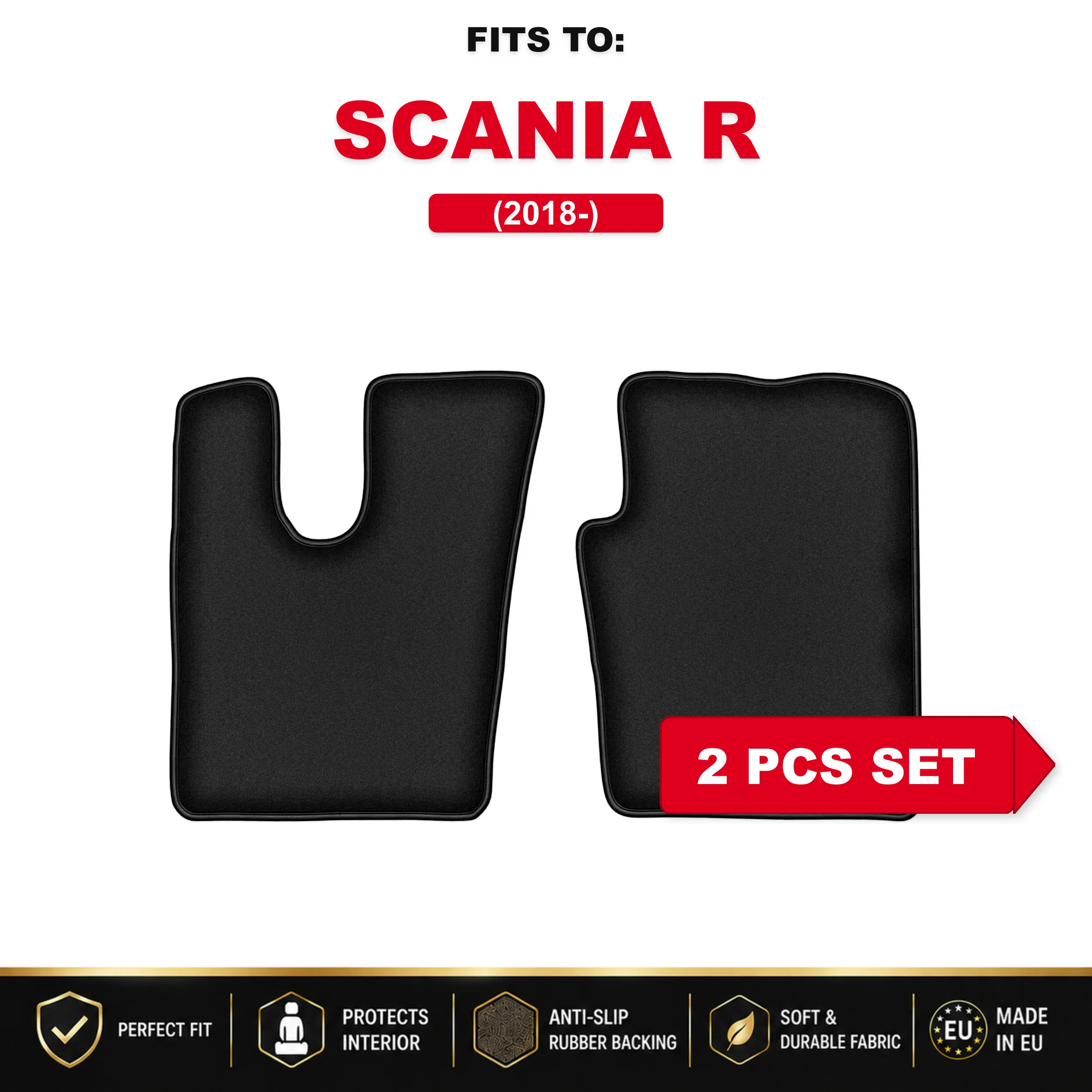 Zwarte velours autovloermatten, 2 stuks Voor: Scania R 2018 – heavy-duty automatten, voertuigspecifieke set