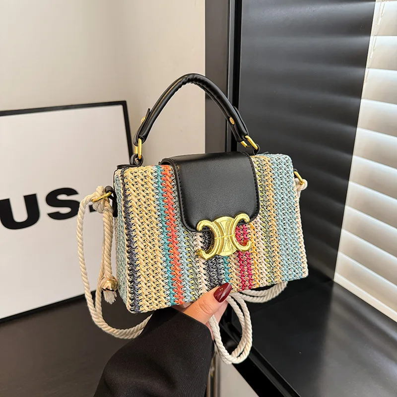 

2025 Summer Women's Square Bag - Rainbow Woven Design, Candy Color Palette, Lightweight & Trendy for Daily Wear
