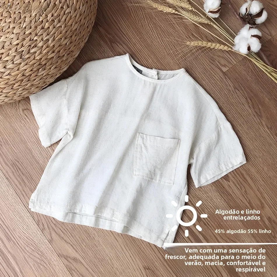 子供用コットンリネン薄手半袖tシャツ韓国風多用途夏服男の子と女の子用ベビークール