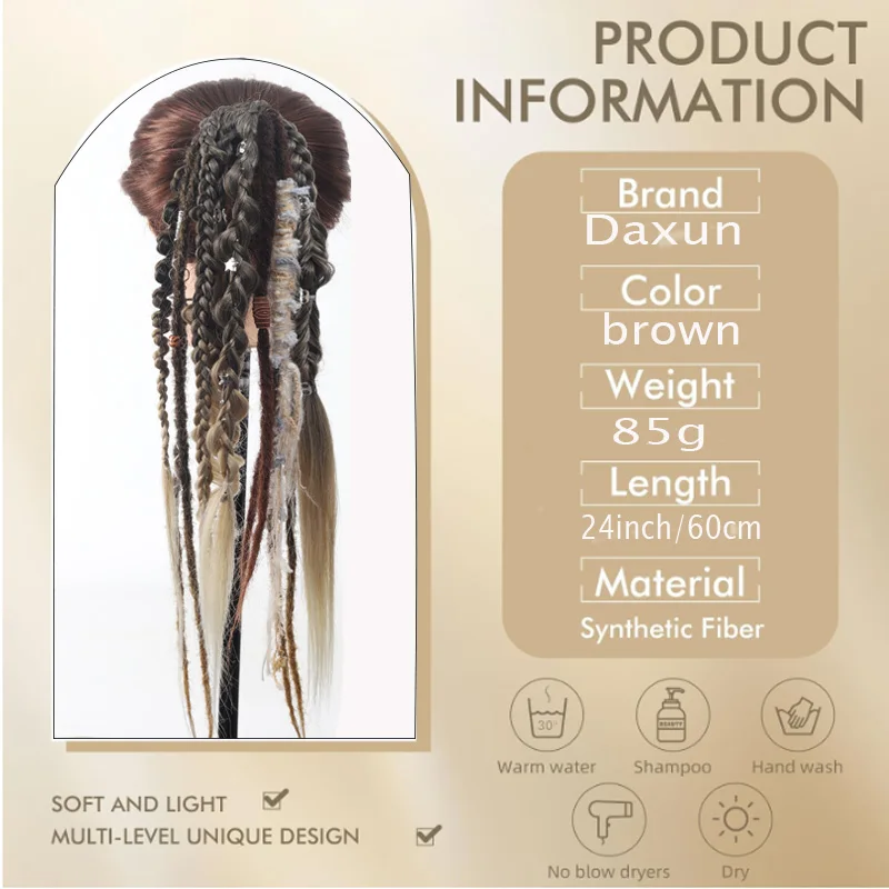 Synthetic 24-Inchdreadlocs Braided Crochet Ponytail with Elastic Band, Braided Dirty Ponytail for Women, Seasonal Y2K Style