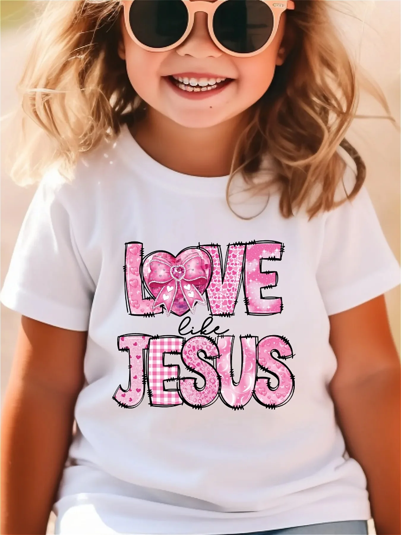 Valentine's Day girls' T-shirt love like jesus letters printed comfortable and breathable round neck short sleeved top