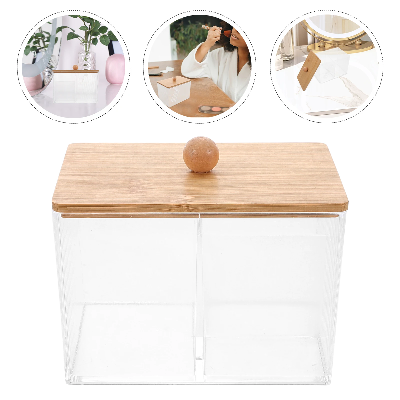 

Bamboo Lid Cotton Pad Organizer Transparent Bathroom Storage Container Small Makeup Holder Counter Decor