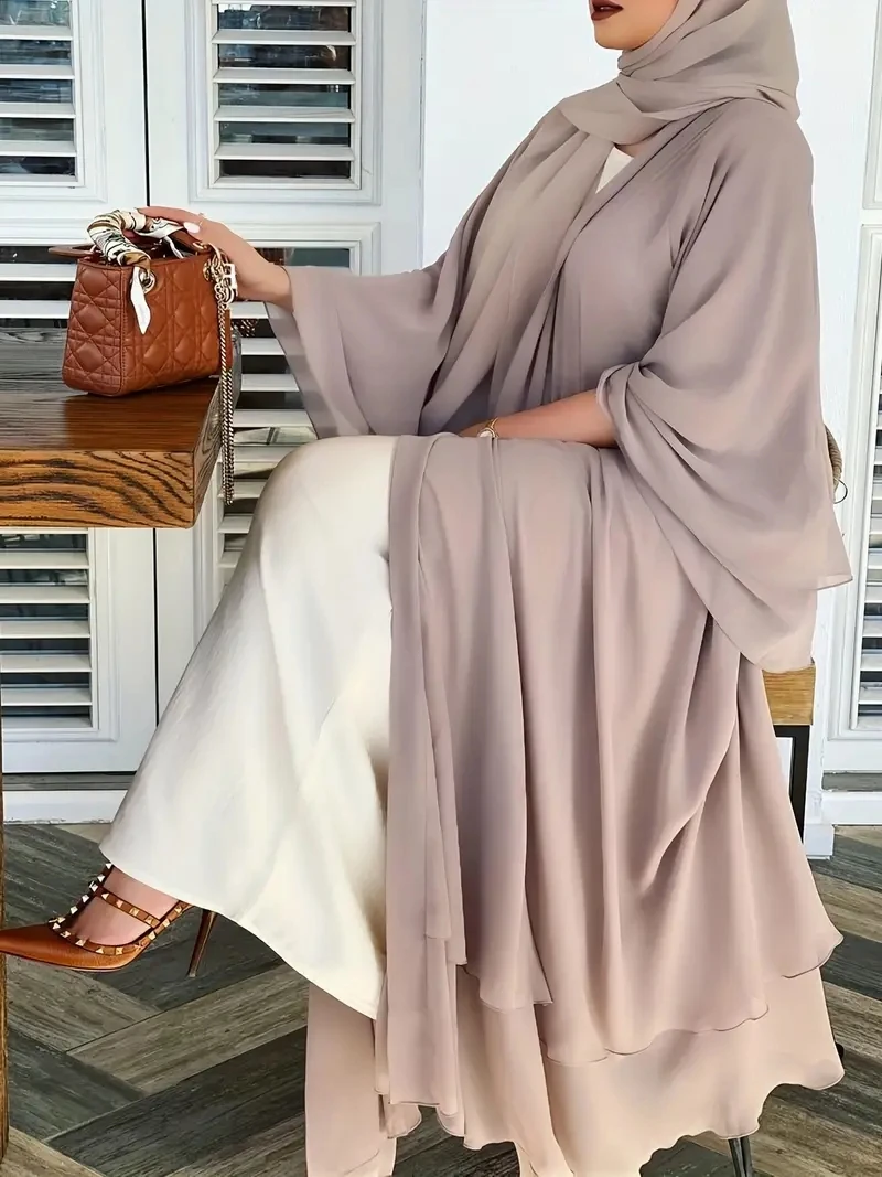 Solid Color Tie Waist Modest Dress, Elegant Layered Hem Maxi Length Dress With Hijab, Women's Clothing