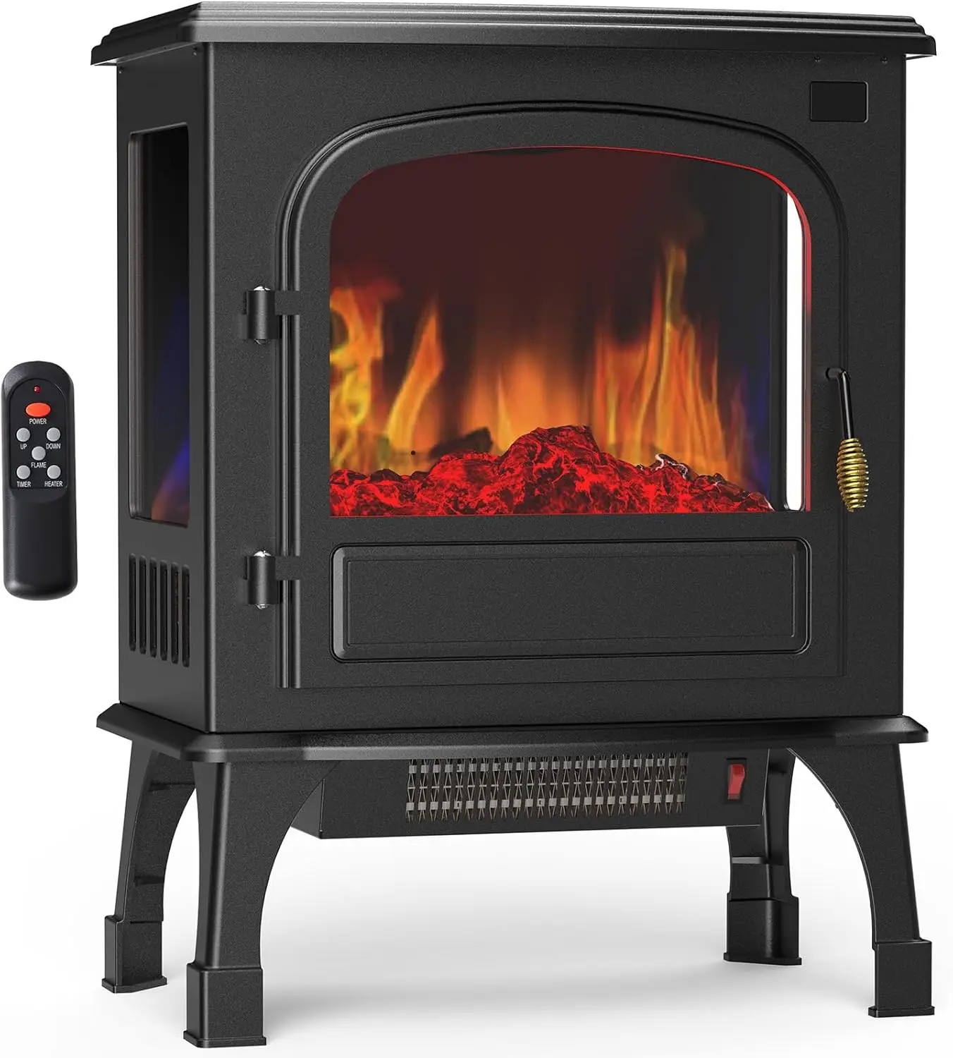 

Отдельностоящий электрический камин 26 дюймов с 3D-пламенем, безопасный с подогревом, дистанционным управлением и 12-часовым таймером для гостиной, спальни