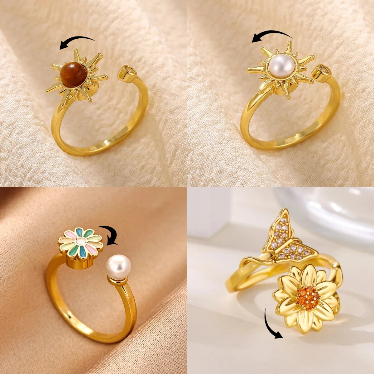 Spinning Sun Flower Rings For Women Gold Color Anti Anxiety Fidget Ring Copper Metal Spinner Jewelry Unique Party Gift