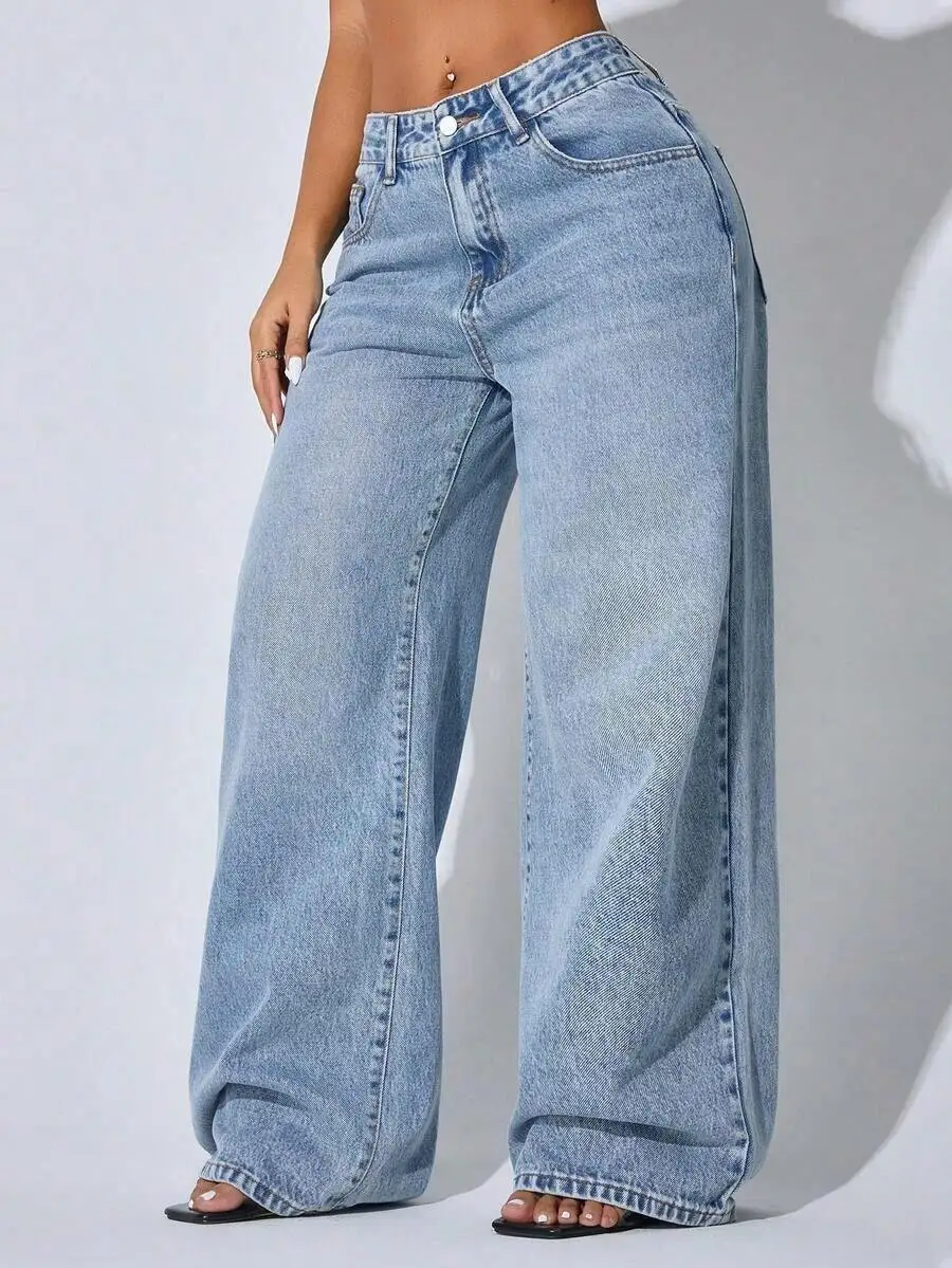 

Low Waist Wide Leg Casual Blue Denim Jeans With Slant Pockets For Women