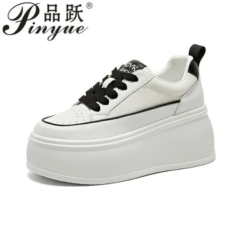 

8cm Genuine Leather Women Casual Shoes White Platform Wedge High Brand White Shoes Chunky Vulcanize Skateboard Sneakers 34 39