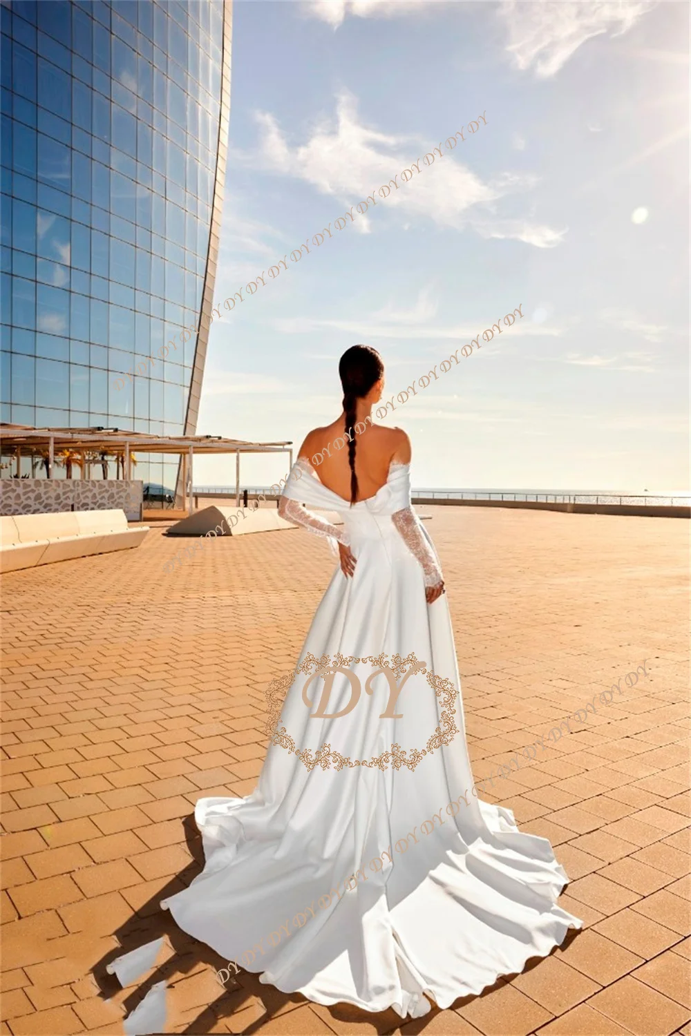 DY Vintage Satin Women's Wedding Dress A Line Satin Pleats Off the Shoulder Lace Vestidos De Novia Customised Wedding Party Dre