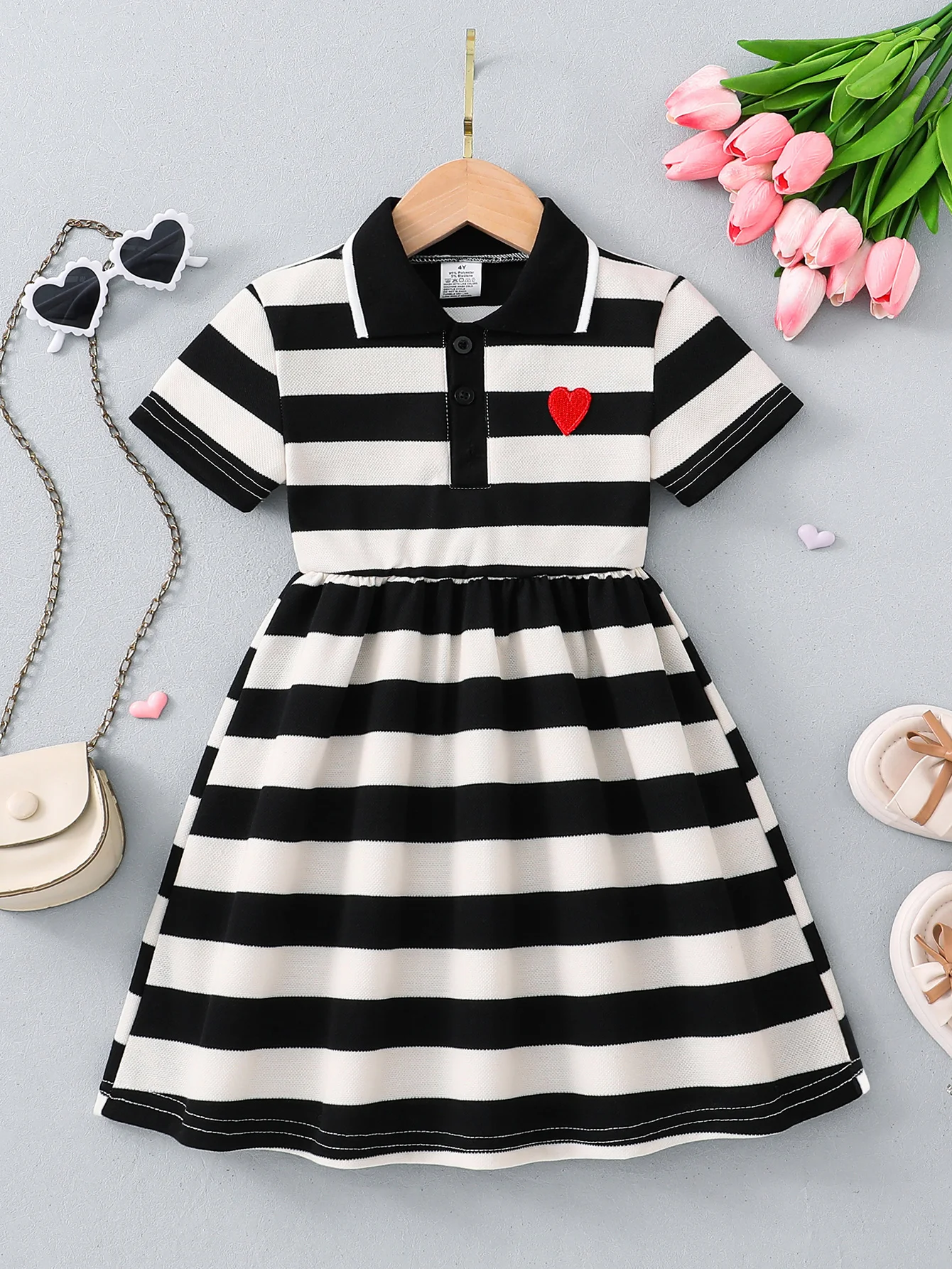 New 1-Piece Set: Girls' Summer Thin Short Skirt Outfit, Children's Comfortable Soft Simple Heart-Shaped Embroidery Pattern Polo Shirt with Buttoned Striped Short Sleeves and A-Line Skirt, Cute and Versatile Princess Clothing for Girls, Youthful and Sweet Holiday Style Outfit for 4-5-6-7-8 Years Old, Suitable for Outdoor Activities, Casual Wear, Parties, Festivals, Eid, Easter, and Carnival