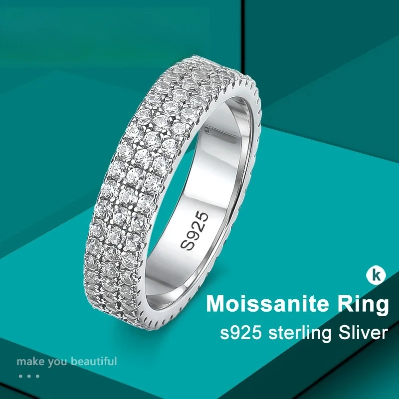 

Full Moissanite Ring 925 Sterling Sliver Plated 18k Eternity Band Hip Hop Rings for Woman Man Party Sparkling Jewely Party Gift