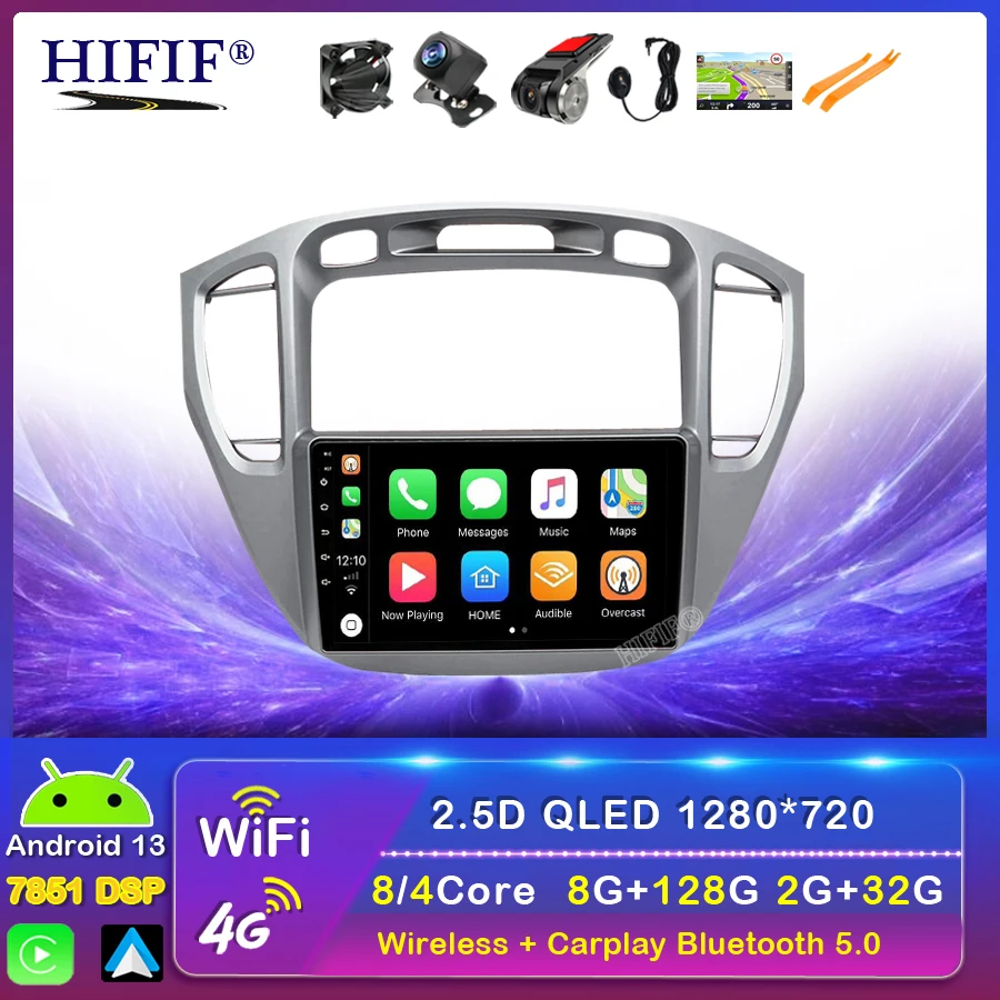 

8G+128G Android 13 Car Radio For Toyota Highlander 1 XU20 2001-2007 Multimedia Video Player Navigation Stereo NO 2Din DVD