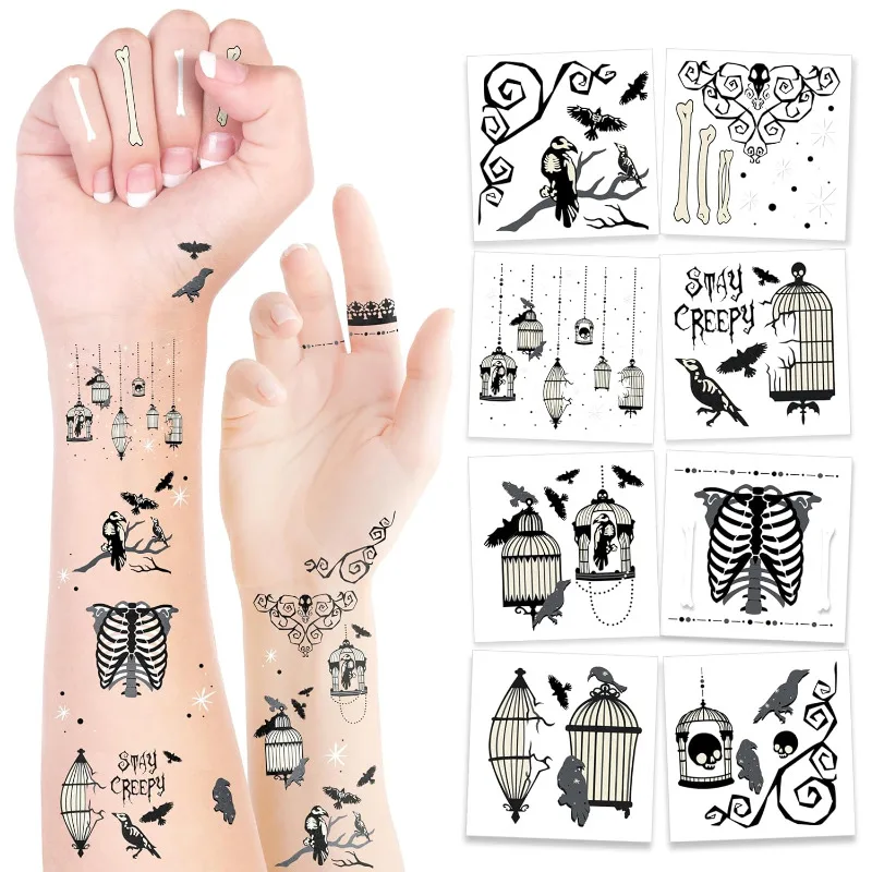 Halloween Temporary Tattoos Sticker with Crow Cage Raven Bird for Gothic Halloween Theme Birthday Bridal Shower Party Supplies