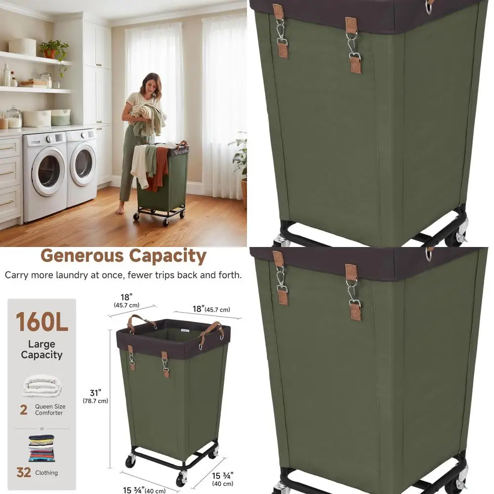 

Большая корзина для белья на колесиках, вместимость 160 л для дома, общежития, гостиницы, зеленая
