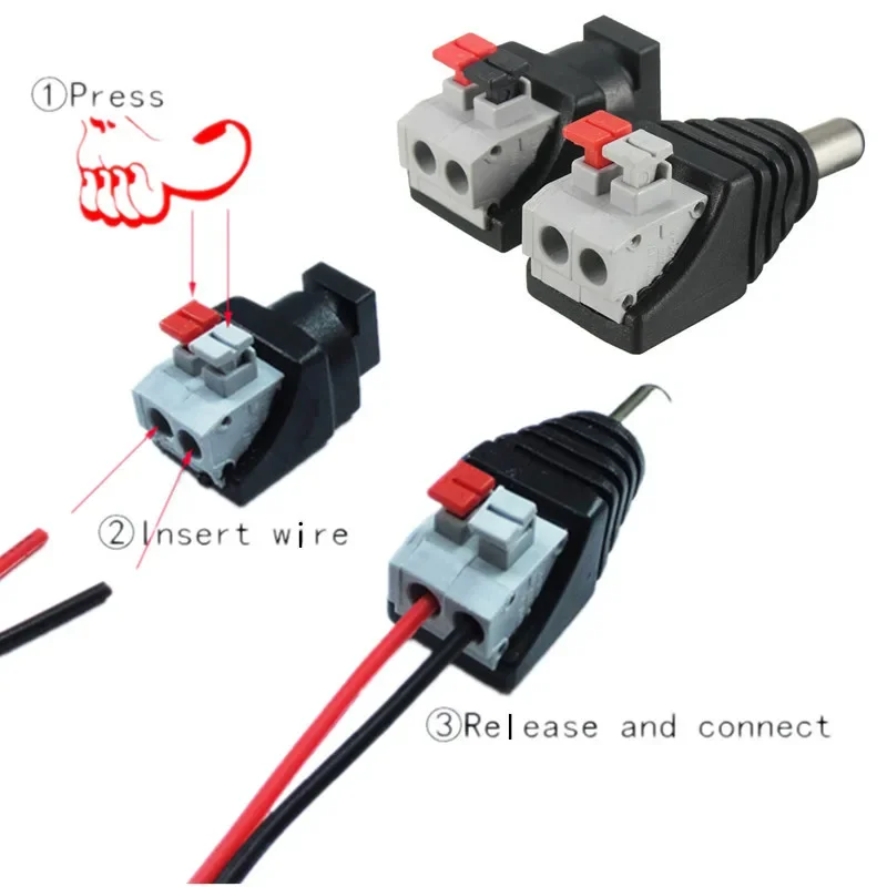 5/10Pairs Female Male DC Power Jack Connector No Screws Plug Adapter 5.5x2.1mm For 5050 3528 Single Color LED Strip CCTV Camera