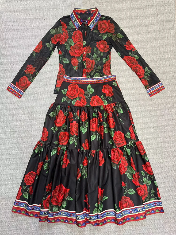 Retro printed lapel straight long sleeve shirt two-piece set 2026 autumn women's clothing + shirring loose skirt fashion suit