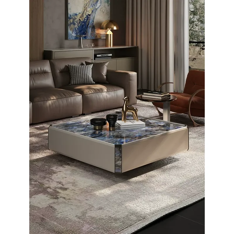 Square Walnut Coffee Table with Saddle Leather Top High End Low Table for Living Room Italian Light Luxury Style Furniture
