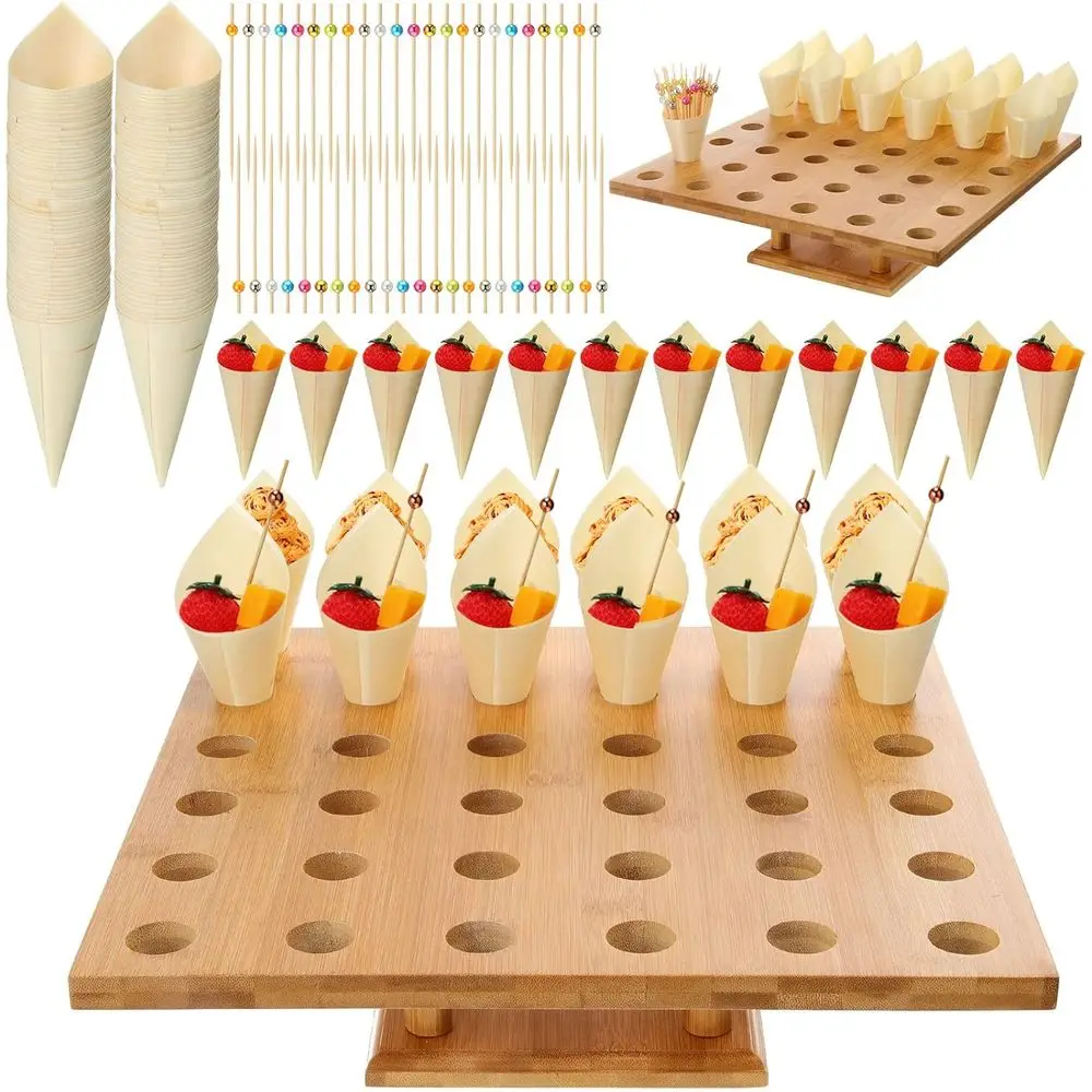 

150pc Disposable Wooden Food Cones with 36 Holes Bamboo Ice Cream Cone Holder Display Stand and 150 Colorful Bamboo Stick for Re