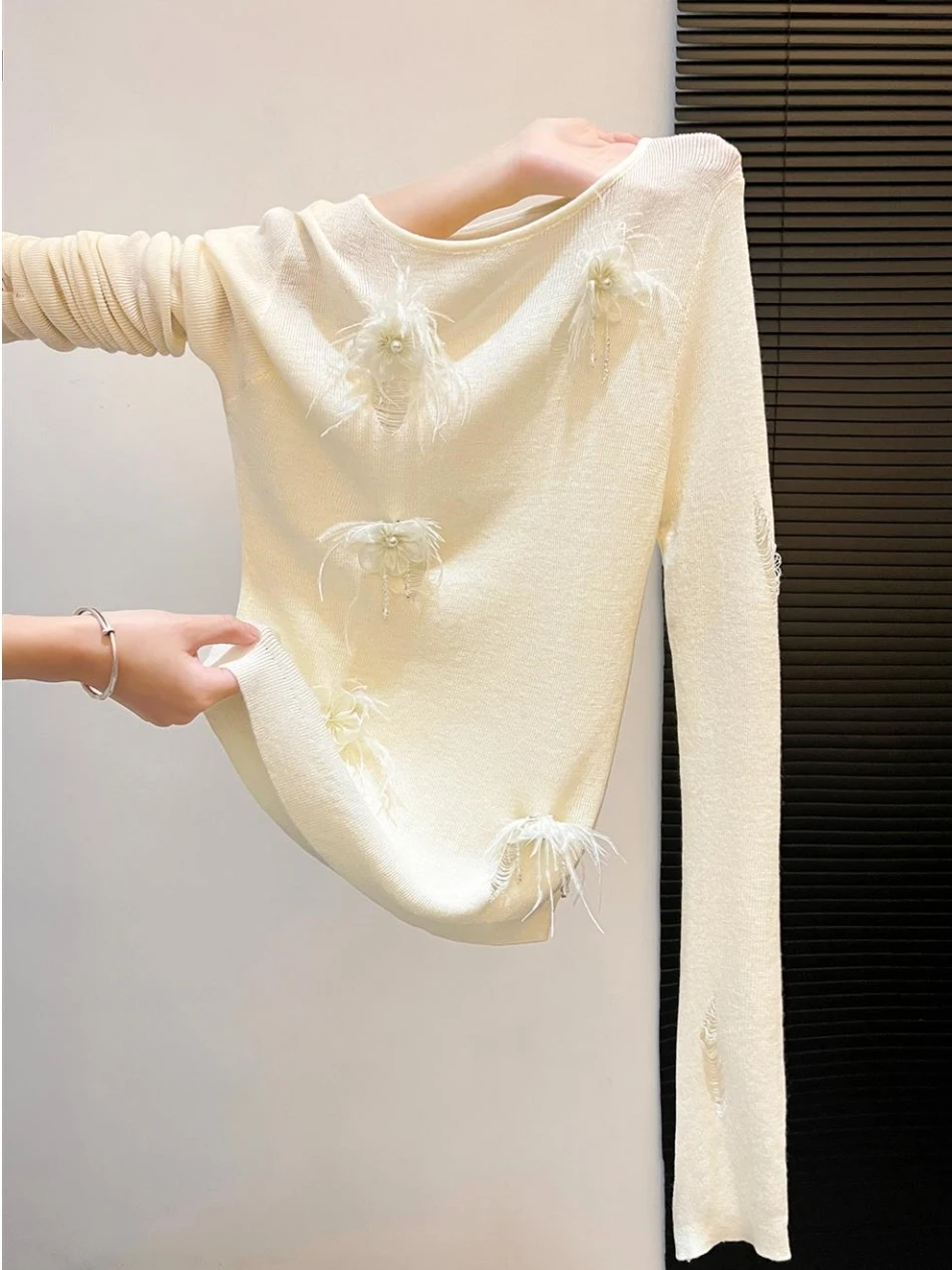 

Трикотаж ручной работы с цветочным принтом из бисера, топ ранней осени, качественный свитер, универсальный базовый слой, корейский облегающий длинный свитер из смеси шерсти