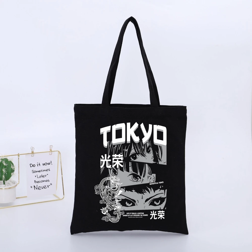 Black Canvas Tote Bag with Anime-Inspired Graphic and Typography Print, Urban Style for Daily Shopping