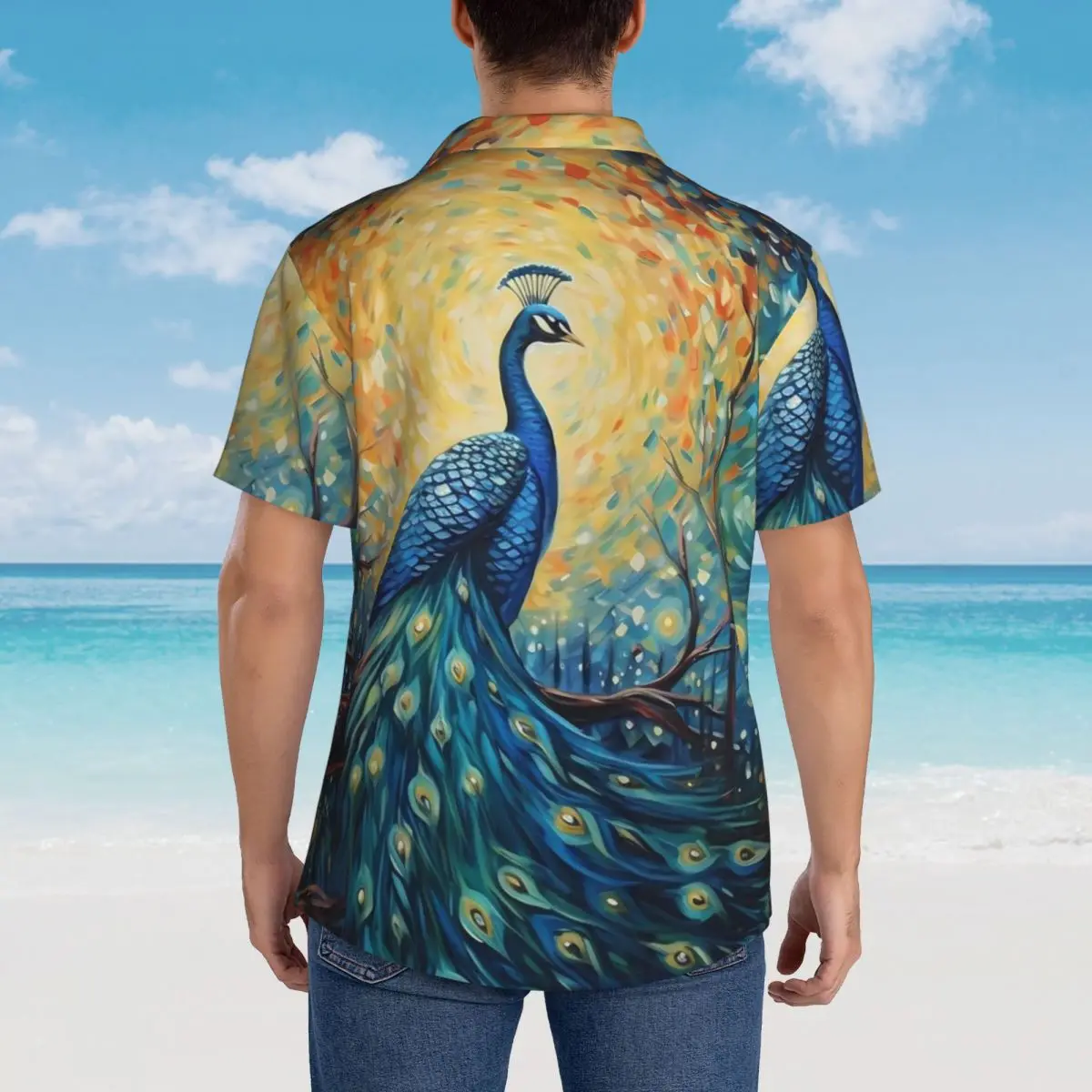 Camisa hawaiana con pintura de fantasía sobre pavo real, camisas informales de playa para hombre, ropa de calle de manga corta, blusas elegantes de gran tamaño