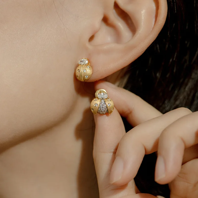 925 Silver 18K Gold Brushed Cubic Zirconia Insect Ladybug AB Asymmetric Stud Earrings Women Cute Dainty Trendy Small Earring