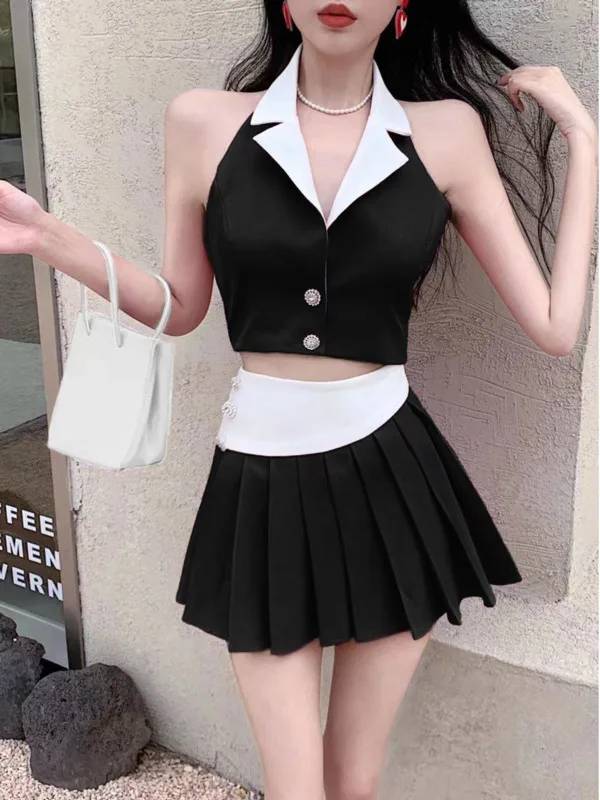 Summer new hanging collar suit vest+pleated short skirt for women 2024 new Korean design paired with fashionable trend set OLWM