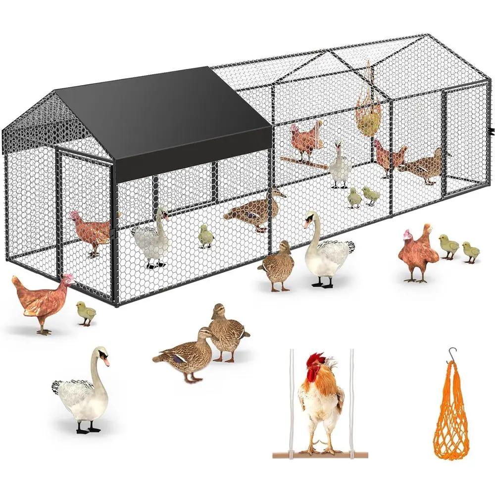 

Spacious Chicken Run for 8-12 Birds: 118 x 40 x 40 Outdoor Portable Cage with Cover and Swing
