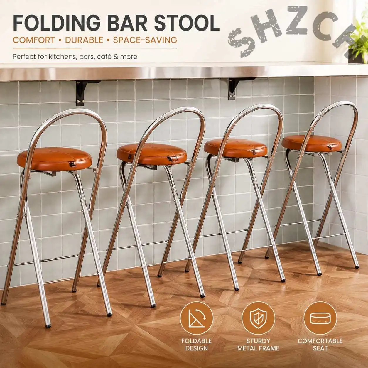 Mid-Century Modern Folding Bar Stool with Backrest – Space-Saving Retro Counter Height Seat for Kitchen Island