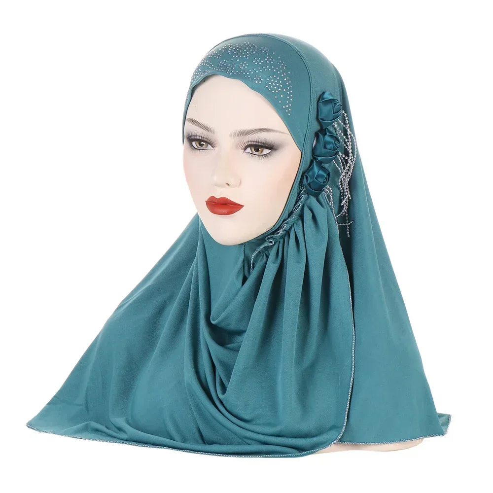 Tassel Diamonds Flower Instant Scarf Women Muslim Hijab One Piece Amira Islamic Pray Hat Pull On Ready Made To Wear Headwrap Cap