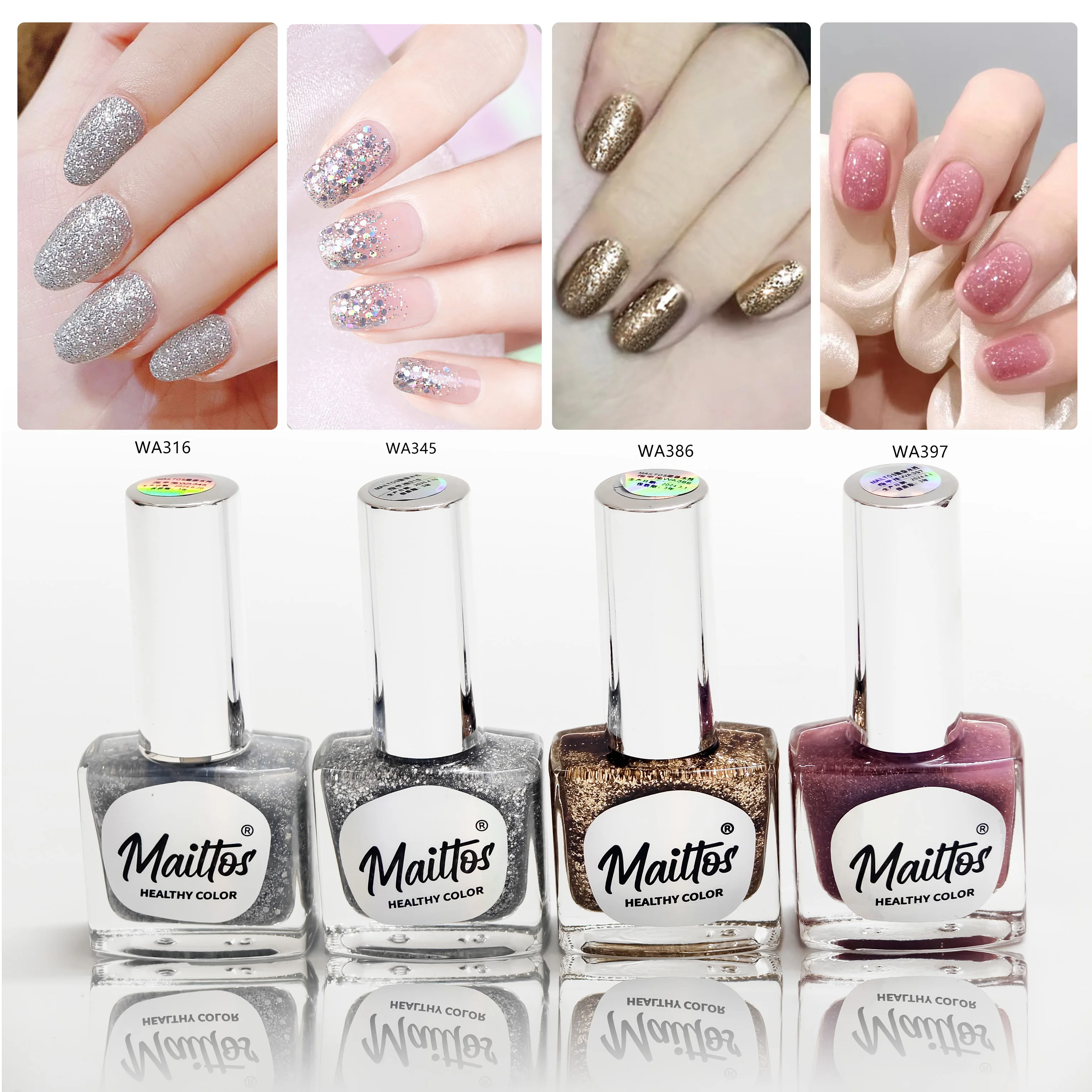 

12mlx4 [316,345,386,397] Silver & Rose Gold Edition, Water-based Nail Polish, Oderless, dry quickly, No need lamp, easy tear