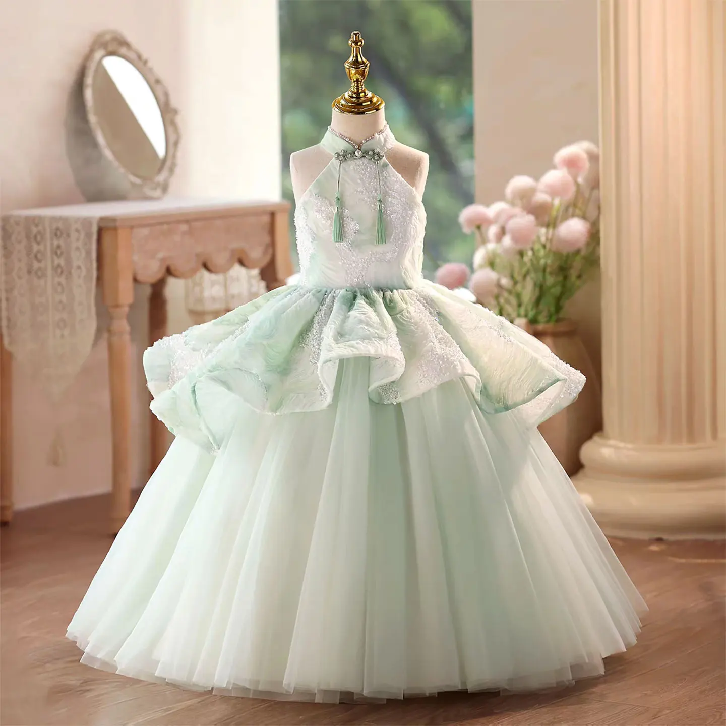 

Dreamy Vow Green Fresh High Collar Beaded Girl Dress Birthday Party Festival Celebration Sleeveless Ankle-Length Prom Dress D102