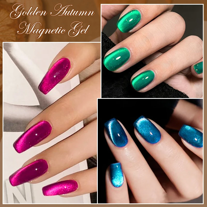 MEET ACROSS 7ml Golden Autumn Cat Magnetic Gel Nail Polish Dark Golden Glass Bead Cat Magnetic Gel Autumn Nails Golden Nails
