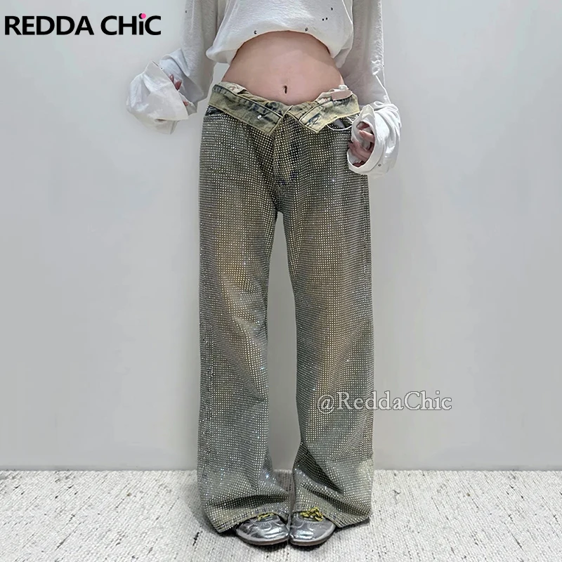

ReddaChic Luxury Diamond Wide Leg Women Denim Pants 2000s Distressed Vintage Wash Y2K Baggy Jeans Trendy New Hip Hop Streetwear